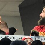 Jan 21, 2024; Orchard Park, New York, USA; Jason Kelce (right) and Kylie Kelce (left) watch the game from the suites in the first half of the 2024 AFC divisional round game between the Buffalo Bills and the Kansas City Chiefs at Highmark Stadium.