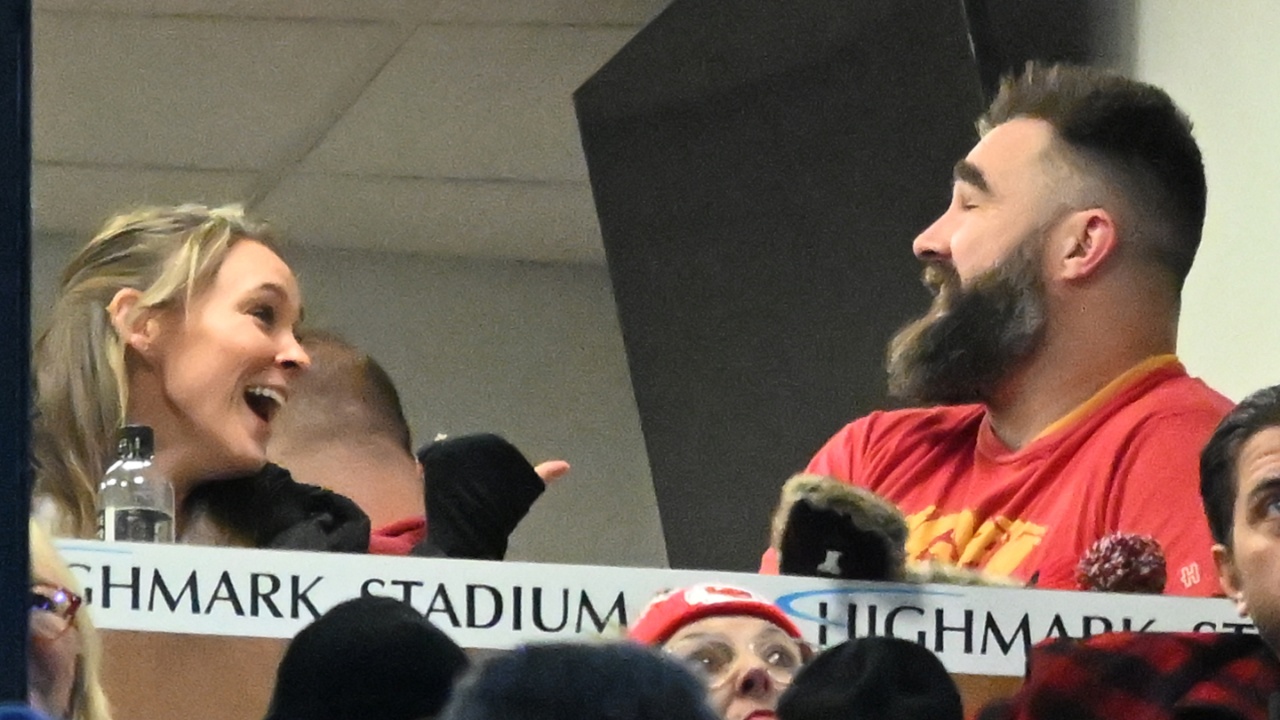 Jan 21, 2024; Orchard Park, New York, USA; Jason Kelce (right) and Kylie Kelce (left) watch the game from the suites in the first half of the 2024 AFC divisional round game between the Buffalo Bills and the Kansas City Chiefs at Highmark Stadium.