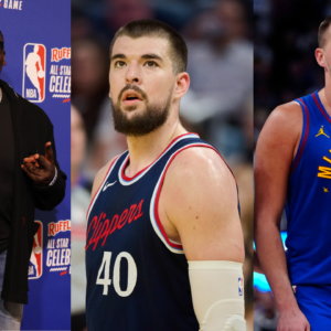 Shannon Sharpe (L), Ivica Zubac (C) and Nikola Jokic (R)