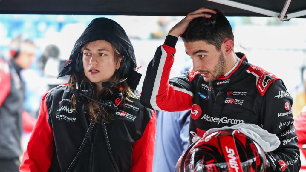 F1 Grand Prix Of Australia In Melbourne, Australia, on March 16, 2025, Esteban Ocon of France and the MoneyGram Haas F1 Team talks with his engineer Laura Mueller on the grid ahead of the F1 Grand Prix of Australia at Albert Park Circuit