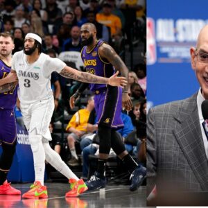 Luka Doncic and Anthony Davis (L), Adam Silver (R)