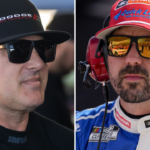 (L-R) Former NASCAR Cup Series driver Tony Stewart with current driver for the Wood Brothers Racing, Josh Berry.