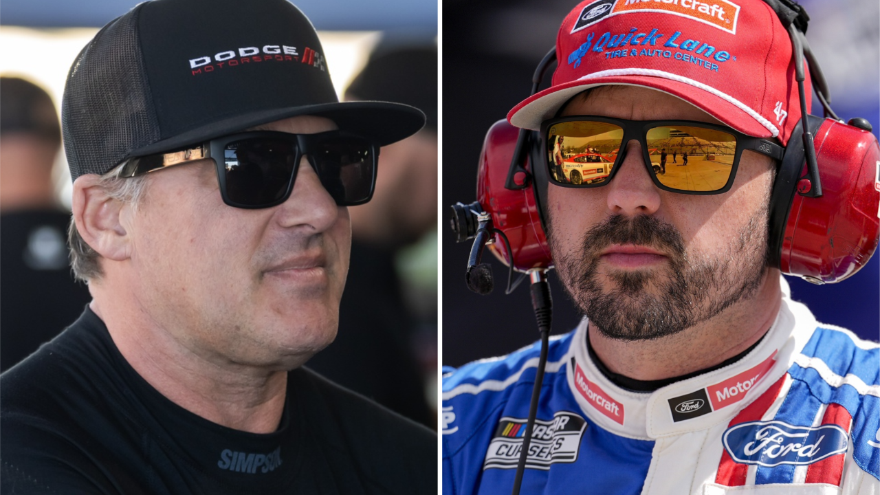 (L-R) Former NASCAR Cup Series driver Tony Stewart with current driver for the Wood Brothers Racing, Josh Berry.