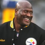Former Steeler and Hall of Honor inductee James Harrison smiles during the Hall of Honor ceremony which took place during halftime of the Pittsburgh Steelers and Jacksonville Jaguars game at Acrisure Stadium in Pittsburgh, PA on October 29, 2023.