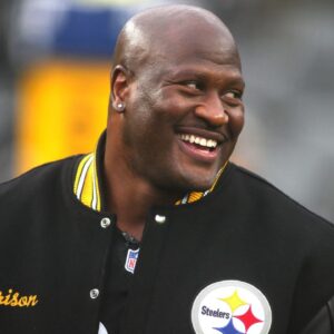 Former Steeler and Hall of Honor inductee James Harrison smiles during the Hall of Honor ceremony which took place during halftime of the Pittsburgh Steelers and Jacksonville Jaguars game at Acrisure Stadium in Pittsburgh, PA on October 29, 2023.