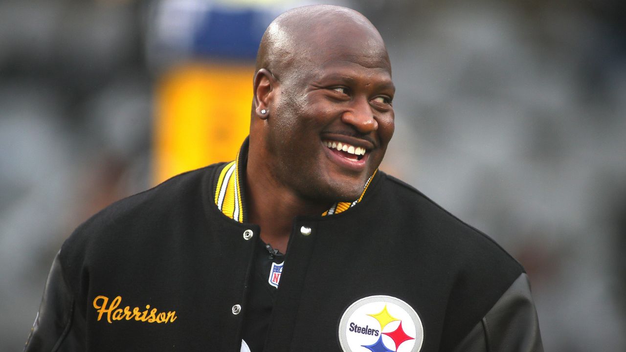 Former Steeler and Hall of Honor inductee James Harrison smiles during the Hall of Honor ceremony which took place during halftime of the Pittsburgh Steelers and Jacksonville Jaguars game at Acrisure Stadium in Pittsburgh, PA on October 29, 2023.