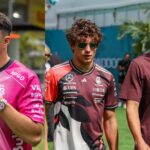 Isack Hadjar (L), Kimi Antonelli and George Russell (R)