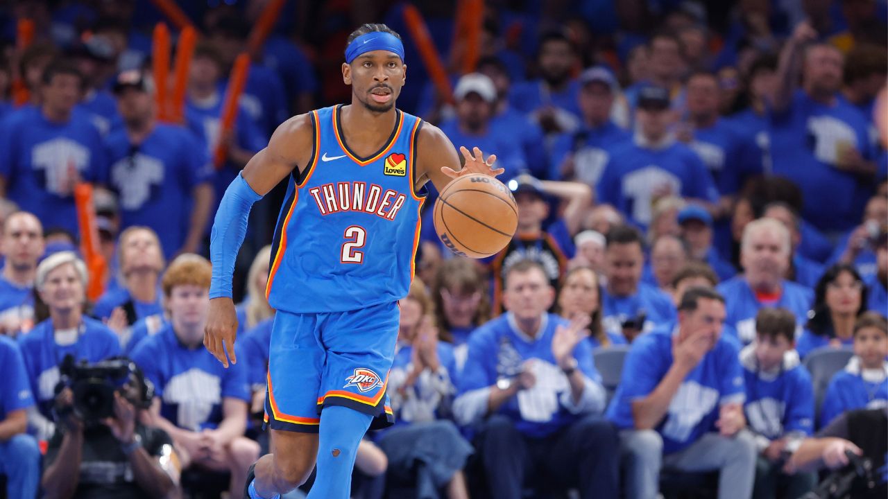 May 18, 2025; Oklahoma City, Oklahoma, USA; Oklahoma City Thunder guard Shai Gilgeous-Alexander (2) dribbles the ball down the court against the Denver Nuggets in the second half during game seven of the second round for the 2025 NBA Playoffs at Paycom Center. Mandatory Credit: Alonzo Adams-Imagn Imageshttps://thesportsrush.com/tag/2010-nba-finals/
