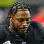 Las Vegas Raiders running back Josh Jacobs (8) walks off the field after the Raiders were defeated by the Minnesota Vikings 3-0 at Allegiant Stadium.