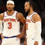 Nov 20, 2024; Phoenix, Arizona, USA; New York Knicks guard Josh Hart (3) and guard Jalen Brunson (11) against the Phoenix Suns at Footprint Center