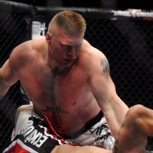 Brock Lesnar (top) of the USA holds down Frank Mir of the USA