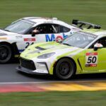 Nitro Motorsports’ Jade Avedisian (24) works to edge out Mashore Autobody’s Casey Mashore (50) out of the Mitchell Bend during the Fanatec GT World Challenge at Road America, Saturday, August 17, 2024, near Plymouth, Wis.