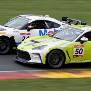 Nitro Motorsports’ Jade Avedisian (24) works to edge out Mashore Autobody’s Casey Mashore (50) out of the Mitchell Bend during the Fanatec GT World Challenge at Road America, Saturday, August 17, 2024, near Plymouth, Wis.