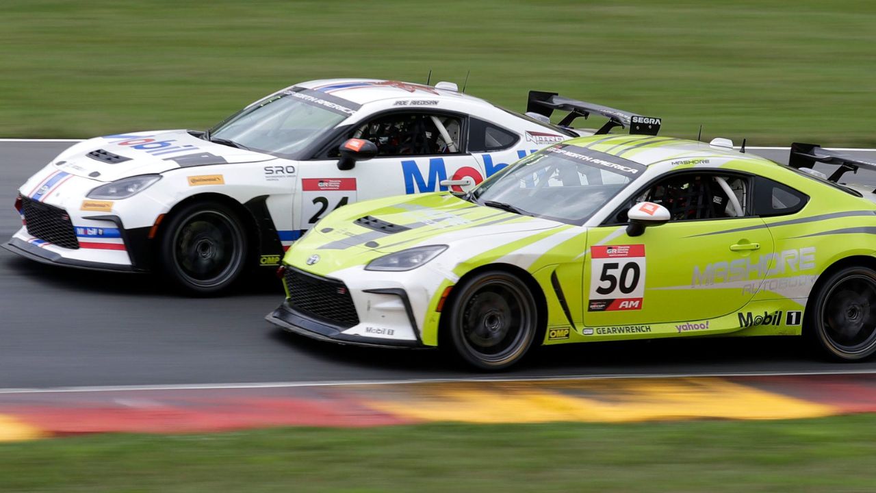 Nitro Motorsports’ Jade Avedisian (24) works to edge out Mashore Autobody’s Casey Mashore (50) out of the Mitchell Bend during the Fanatec GT World Challenge at Road America, Saturday, August 17, 2024, near Plymouth, Wis.
