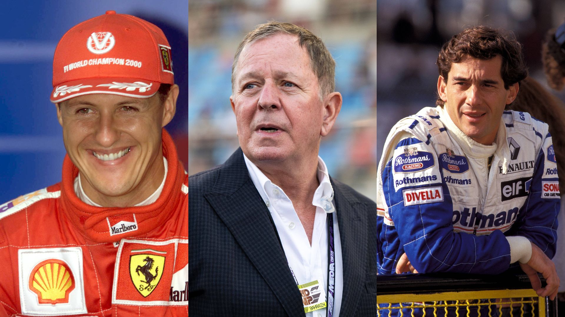 Michael Schumacher (L), Martin Brundle (C), Ayrton Senna (R)