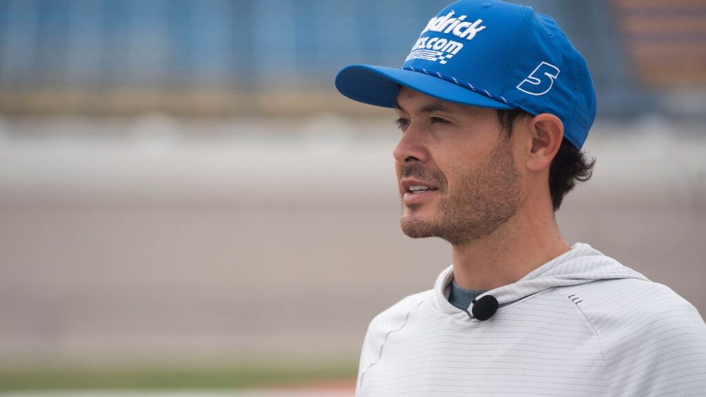 NASCAR Cup Series driver Kyle Larson speaks during an interview at Iowa Speedway on April 18, 2025, in Newton.