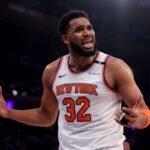 May 16, 2025; New York, New York, USA; New York Knicks center Karl-Anthony Towns (32) reacts during the first quarter of game six in the second round of the 2025 NBA Playoffs against the Boston Celtics at Madison Square Garden