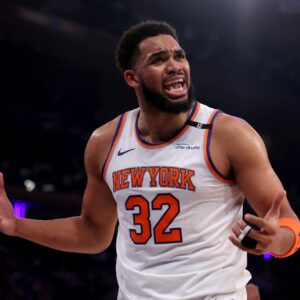 May 16, 2025; New York, New York, USA; New York Knicks center Karl-Anthony Towns (32) reacts during the first quarter of game six in the second round of the 2025 NBA Playoffs against the Boston Celtics at Madison Square Garden