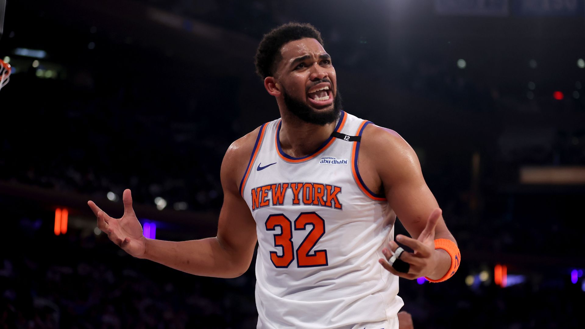 May 16, 2025; New York, New York, USA; New York Knicks center Karl-Anthony Towns (32) reacts during the first quarter of game six in the second round of the 2025 NBA Playoffs against the Boston Celtics at Madison Square Garden