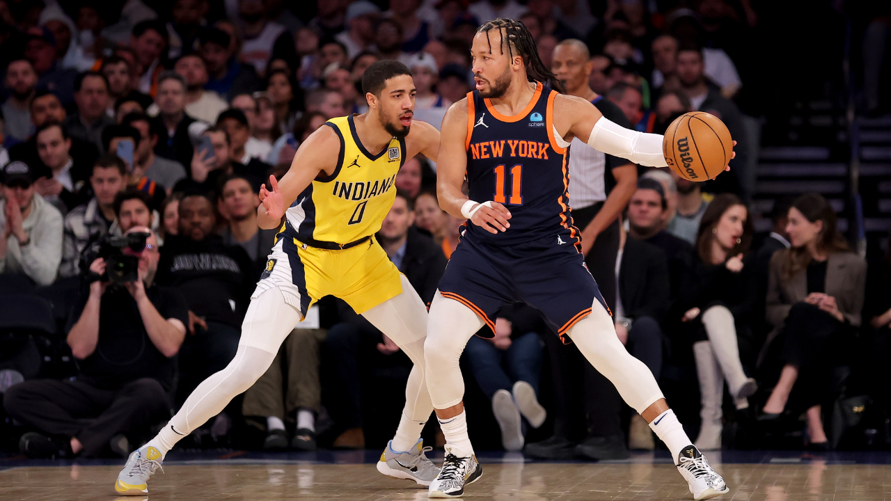 New York Knicks guard Jalen Brunson (11) controls the ball against Indiana Pacers guard Tyrese Haliburton (0) during the first quarter at Madison Square Garden