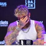 May 14, 2025; Los Angeles, California, USA; Jake Paul reacts at press conference in anticipation of his fight against Julio Cesar Chavez Jr. at Avalon Hollywood Theater.