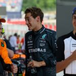 Lando Norris, George Russell (L) and Alex Albon (R)