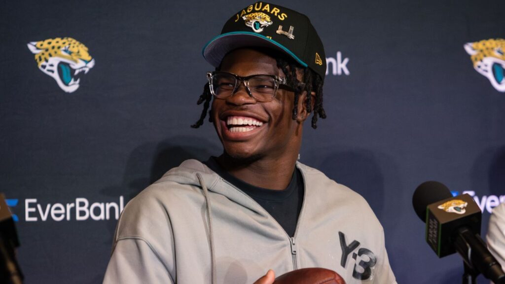 Jacksonville Jaguars first round draft pick Travis Hunter talks to the media during a press conference at Miller Electric Center.
