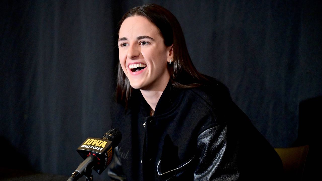 Caitlin Clark as seen during a news conference before a Big Ten Conference women s basketball game between the USC Trojans and the Iowa Hawkeyes