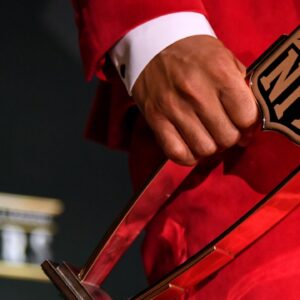 Arizona Cardinals Kyler Murray holds the AP Offensive Rookie of the Year presented by Oakley during the NFL Honors awards presentation at Adrienne Arsht Center.