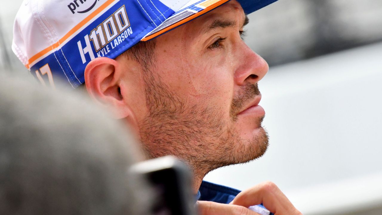 Arrow McLaren driver Kyle Larson (17) sits by his pit box Thursday, May 15, 2025, during a practice for the 109th running of the Indianapolis 500 at Indianapolis Motor Speedway.
