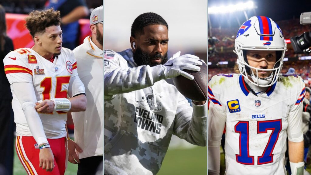 Patrick Mahomes, Elijah Moore, and Josh Allen