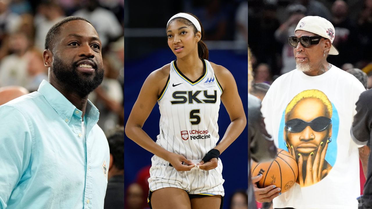 Dwyane Wade(L), Angel Reese(Center), and Dennis Rodman(R)