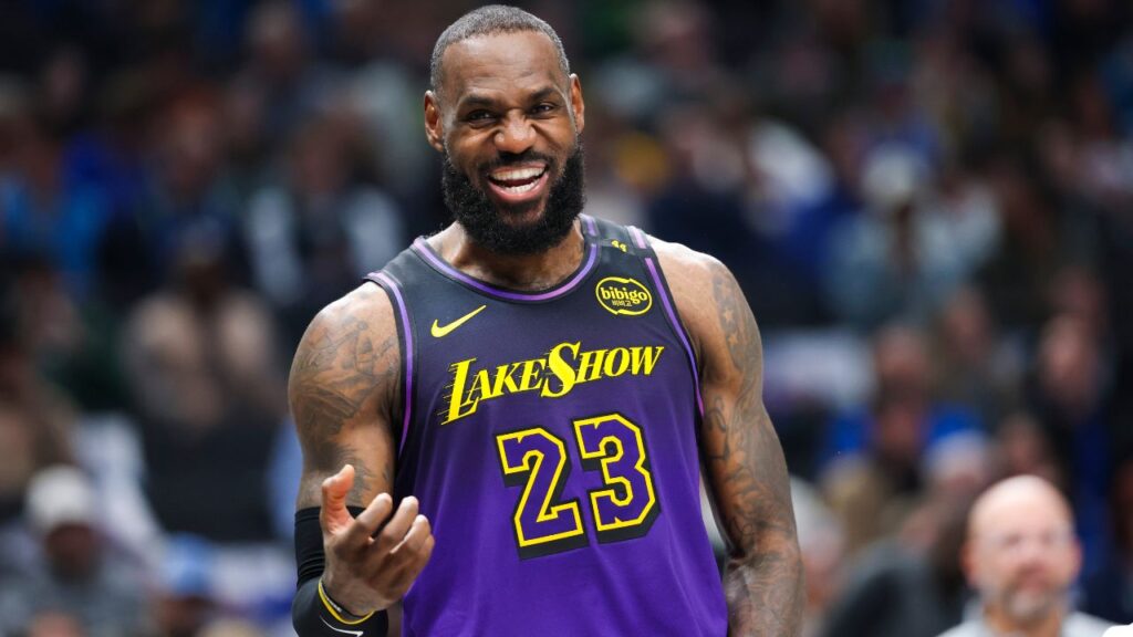 Los Angeles Lakers forward LeBron James (23) laughs during the first half against the Dallas Mavericks at American Airlines Center