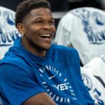 May 14, 2025; Minneapolis, Minnesota, USA; Minnesota Timberwolves guard Anthony Edwards (5) on the court during warmups prior to game five of the second round for the 2025 NBA Playoffs against the Golden State Warriors at Target Center.