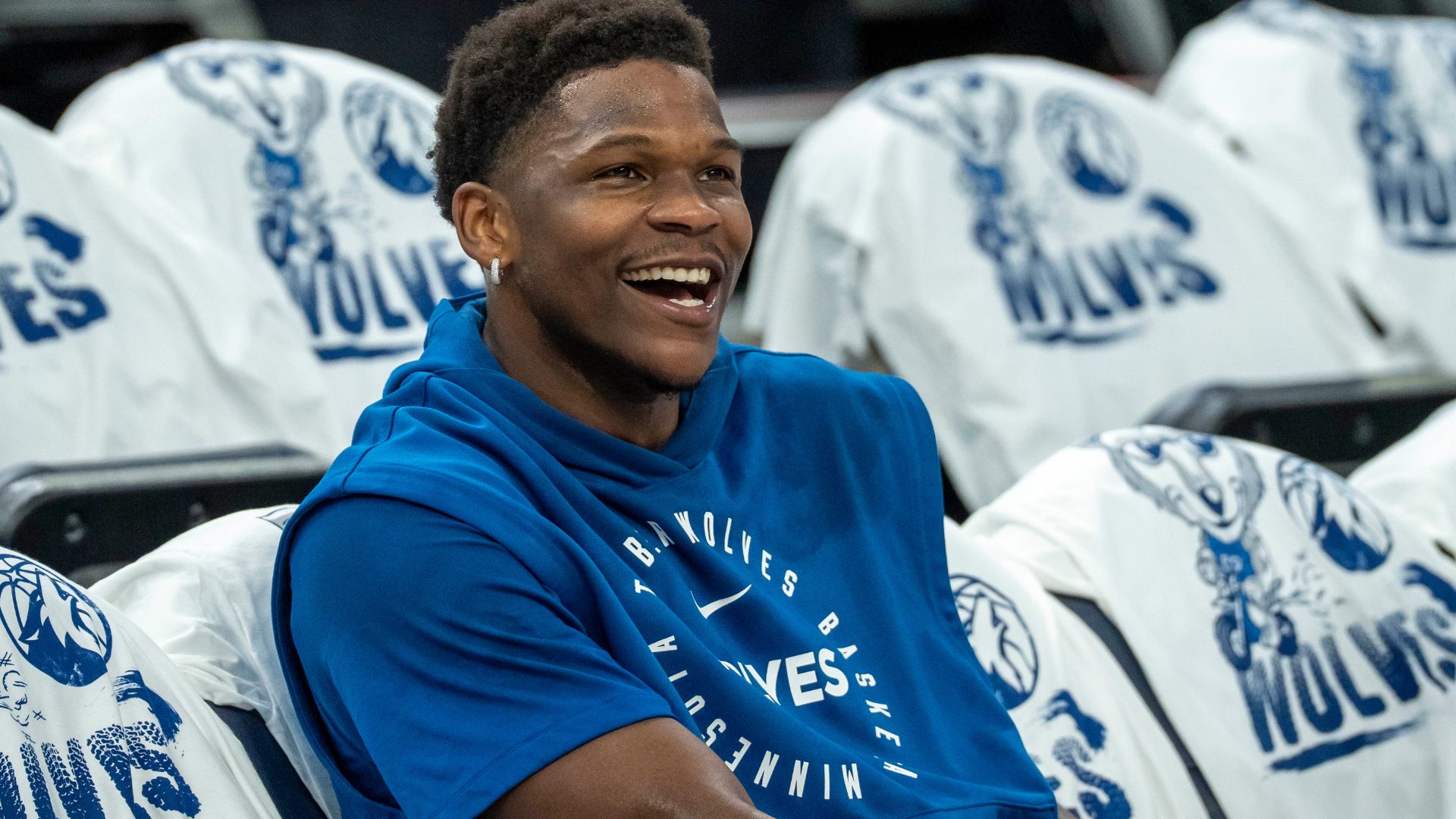 May 14, 2025; Minneapolis, Minnesota, USA; Minnesota Timberwolves guard Anthony Edwards (5) on the court during warmups prior to game five of the second round for the 2025 NBA Playoffs against the Golden State Warriors at Target Center.
