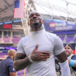 Houston Texans wide receiver Stefon Diggs (1) acknowledges fans after the game against the Minnesota Vikings at U.S. Bank Stadium.