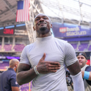 Houston Texans wide receiver Stefon Diggs (1) acknowledges fans after the game against the Minnesota Vikings at U.S. Bank Stadium.