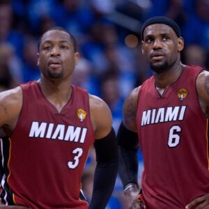 OKLAHOMA CITY, June 12, 2012 -- Miami Heat s Dwyane Wade (R) and his teammate LeBron James react during Game 1 against Oklahoma City Thunder