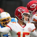 Kansas City Chiefs quarterback Patrick Mahomes (15) throws the ball in the first quarter against the Los Angeles Chargers at SoFi Stadium.