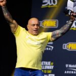 UFC announcer Joe Rogan reacts during ceremonial weigh ins for UFC 300 at MGM Grand Garden Arena.