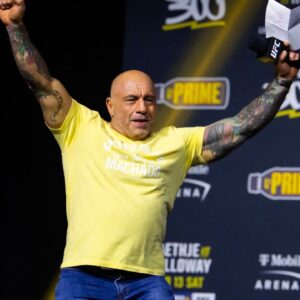 UFC announcer Joe Rogan reacts during ceremonial weigh ins for UFC 300 at MGM Grand Garden Arena.