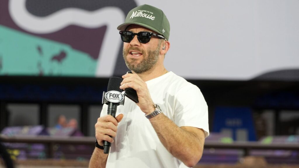 Julian Edelman on the Fox Super Bowl LIX set at Caesars Superdome.