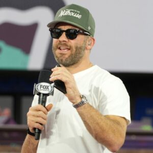 Julian Edelman on the Fox Super Bowl LIX set at Caesars Superdome.