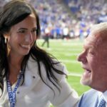 Kalen Irsay Jackson and her father Jim Irsay greet on Sunday, Oct. 1, 2023, during a halftime event during the team s 29-23 loss to the Los Angeles Rams at Lucas Oil Stadium in Indianapolis.