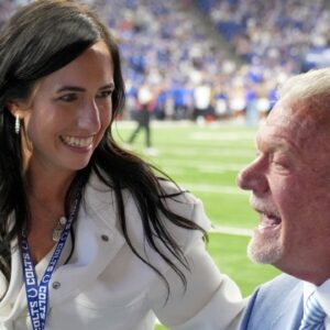 Kalen Irsay Jackson and her father Jim Irsay greet on Sunday, Oct. 1, 2023, during a halftime event during the team s 29-23 loss to the Los Angeles Rams at Lucas Oil Stadium in Indianapolis.