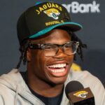The Jacksonville Jaguars first-round pick, Colorado Buffaloes wide receiver and defensive back Travis Hunter answers questions during a press conference Friday, March 25, 2025 at Miller Electric Center in Jacksonville, Fla.