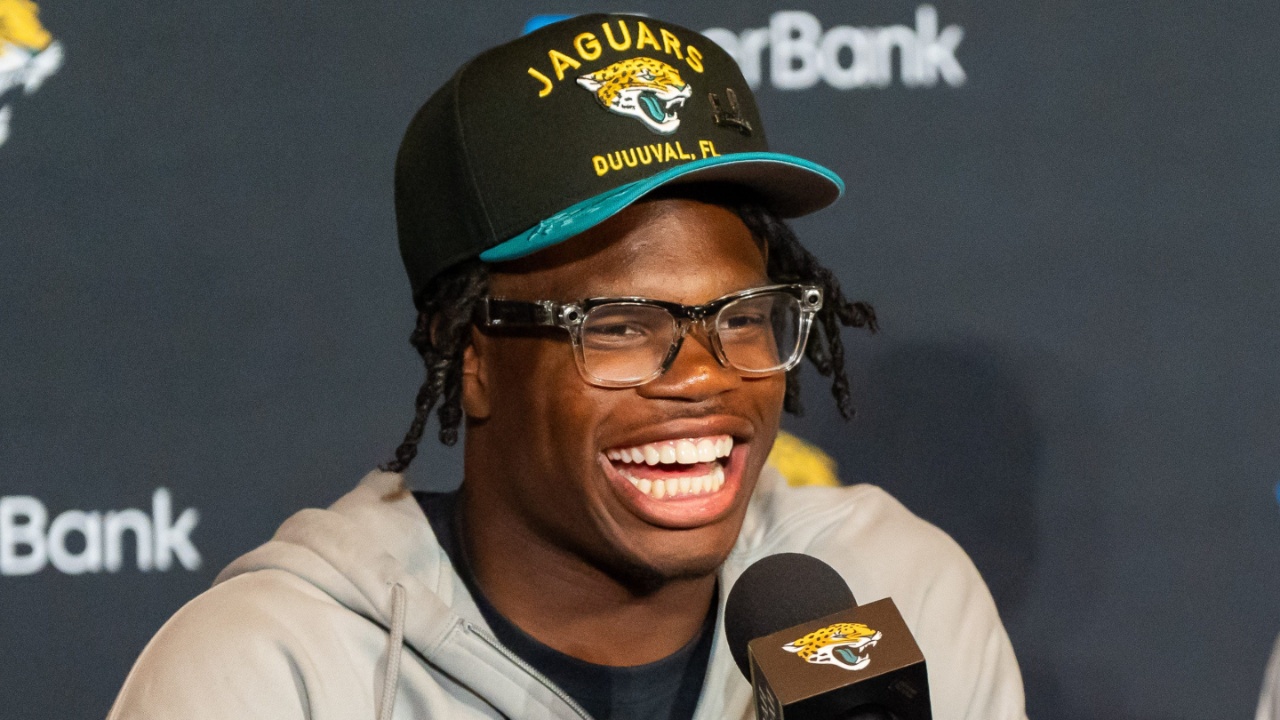 The Jacksonville Jaguars first-round pick, Colorado Buffaloes wide receiver and defensive back Travis Hunter answers questions during a press conference Friday, March 25, 2025 at Miller Electric Center in Jacksonville, Fla.
