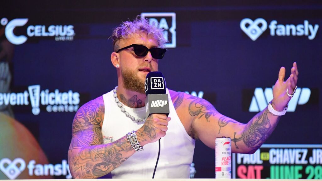 Jake Paul speaks at press conference in anticipation of his fight against Julio Cesar Chavez Jr. at Avalon Hollywood Theater.