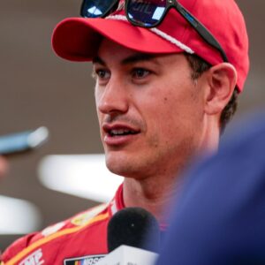 NASCAR Cup Series driver Joey Logano (22) talks with media at Darlington Raceway.