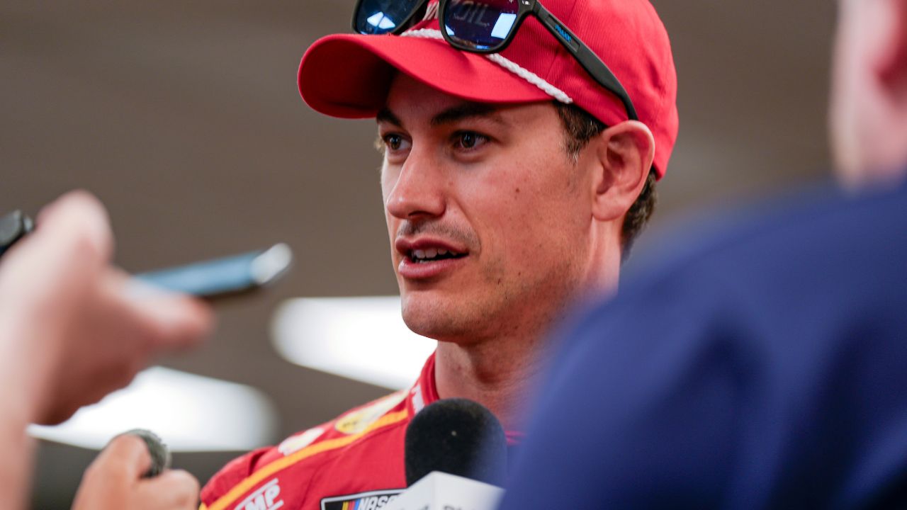 NASCAR Cup Series driver Joey Logano (22) talks with media at Darlington Raceway.